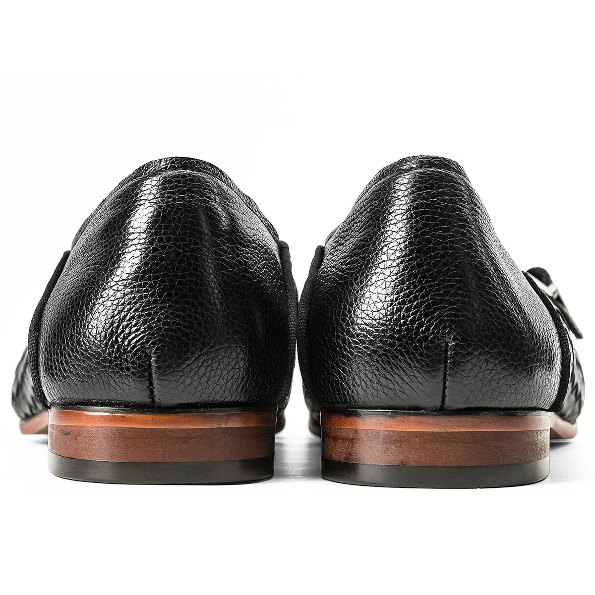 Black Woven Leather Monk Strap Shoes