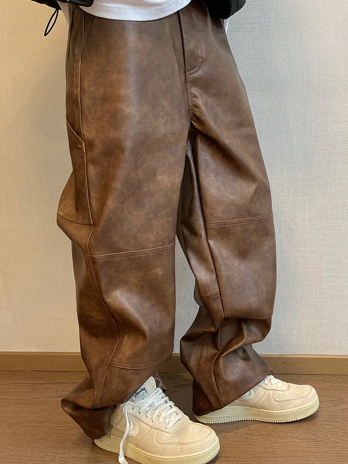 Retro Distressed Washed Brown Leather Pants