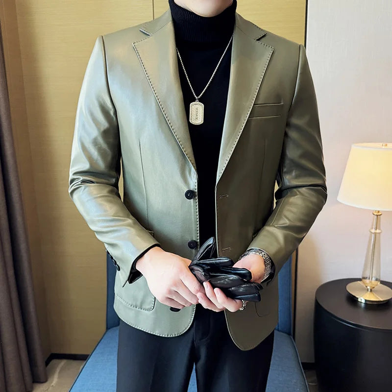 Solid Slim-Fit Faux Leather Men's Blazer