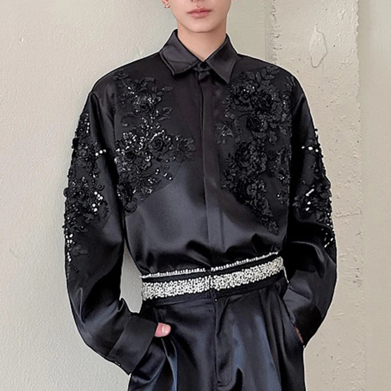 Solid Lapel Sequin Embroidered Shirt