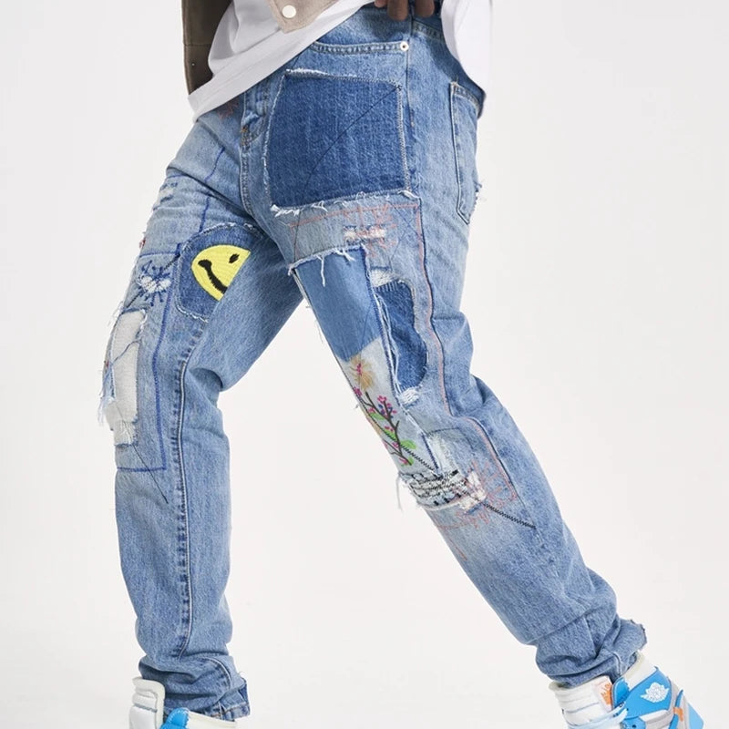 Streetwear Embroidery Patchwork Ripped Jeans