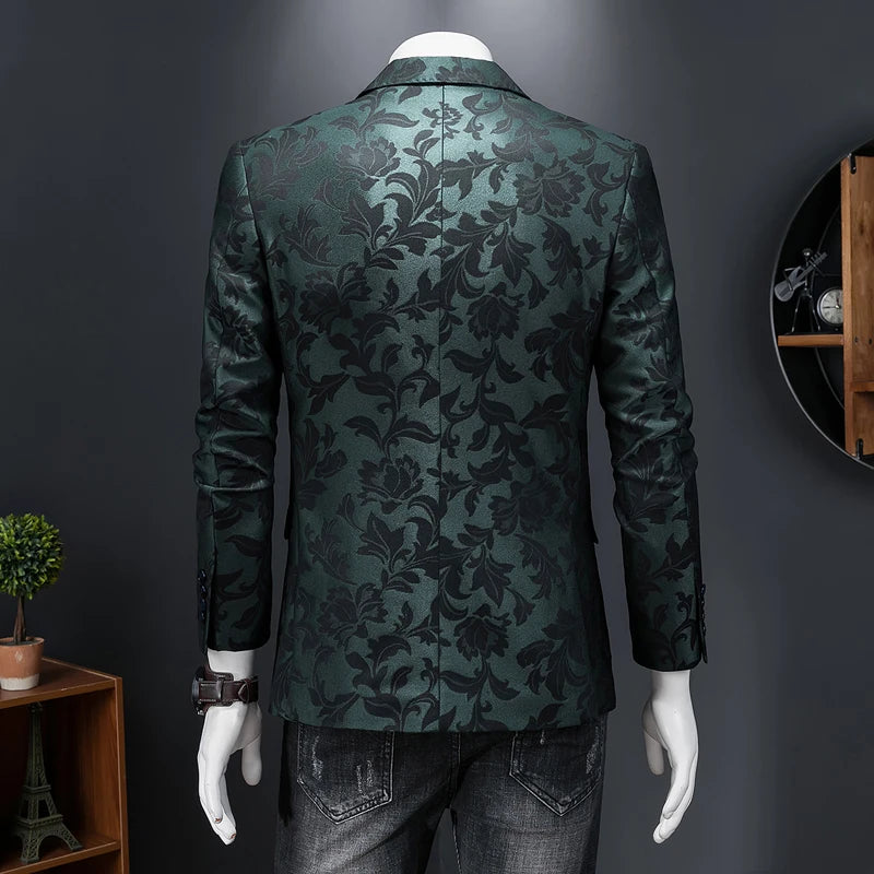 Floral Jacquard Slim-Fit Casual Blazer