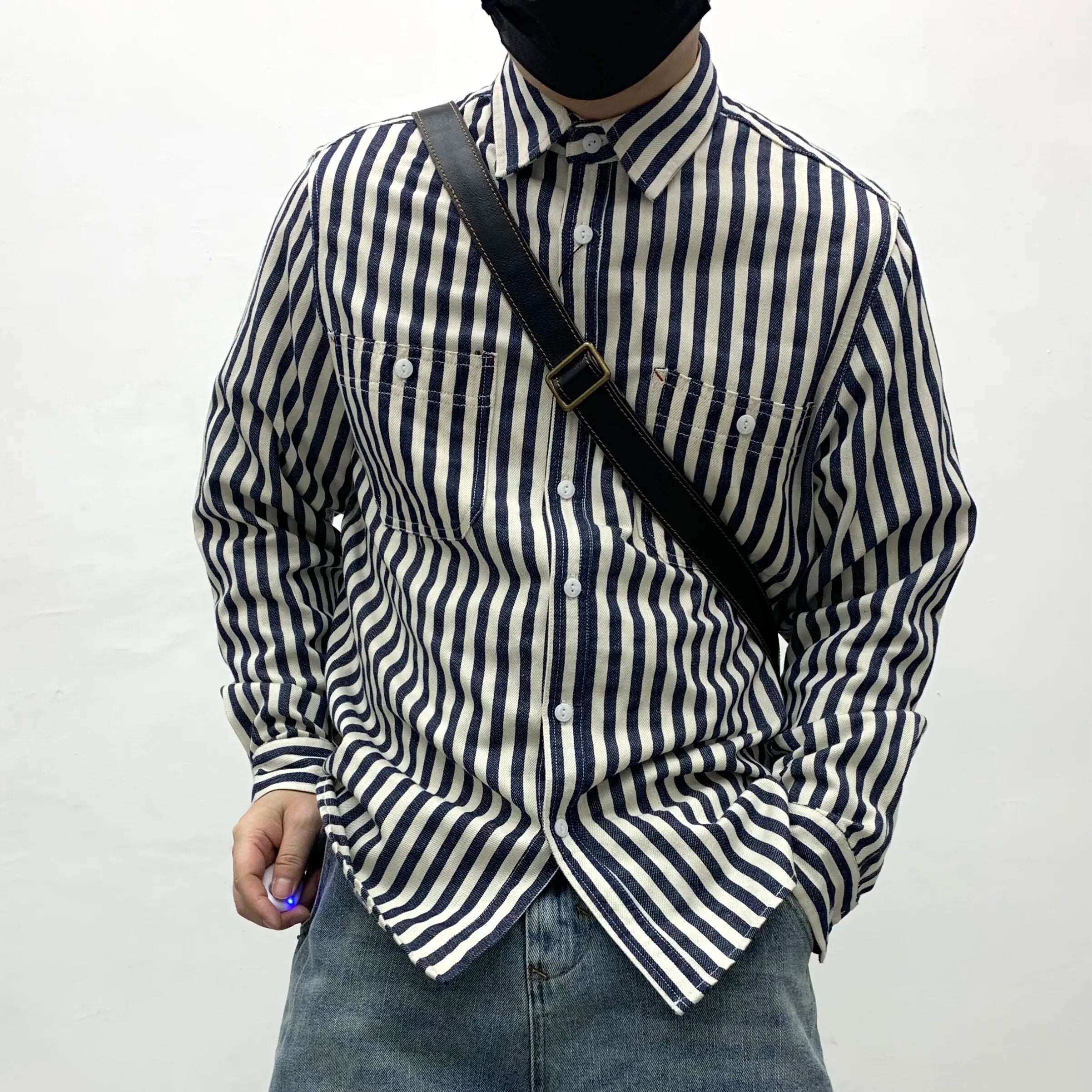 Retro Stripe Long-Sleeve Lapel Shirt