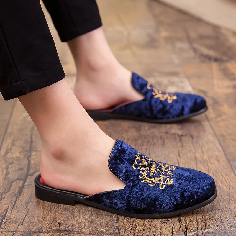 Embroidered Velvet Upper Mules Shoes