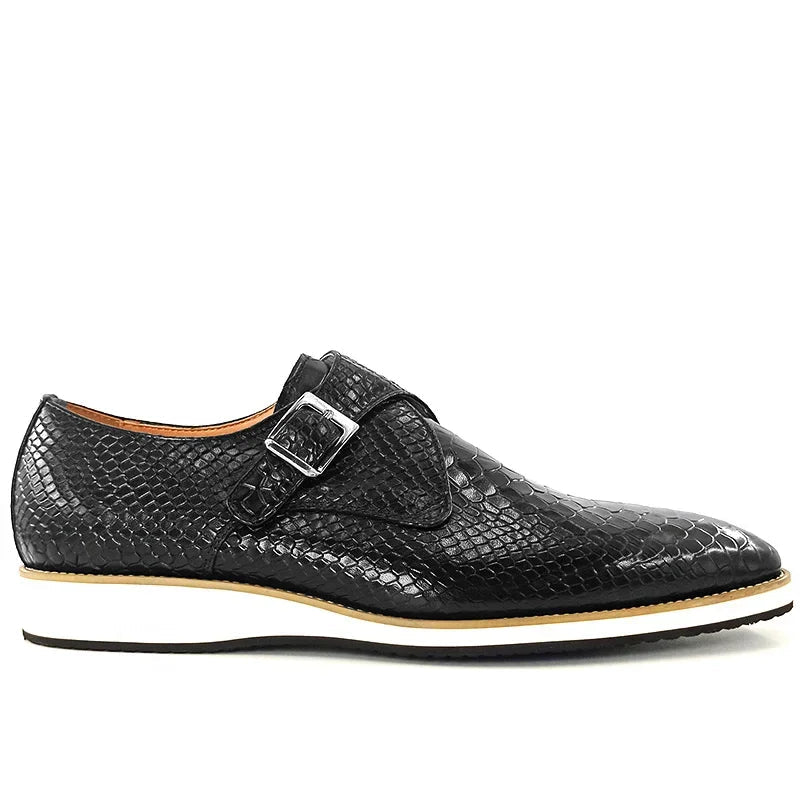 Black Snake Print Buckle Strap Monk Shoes