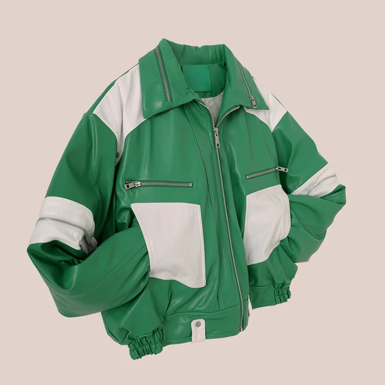 Green and White Pu Leather Jacket