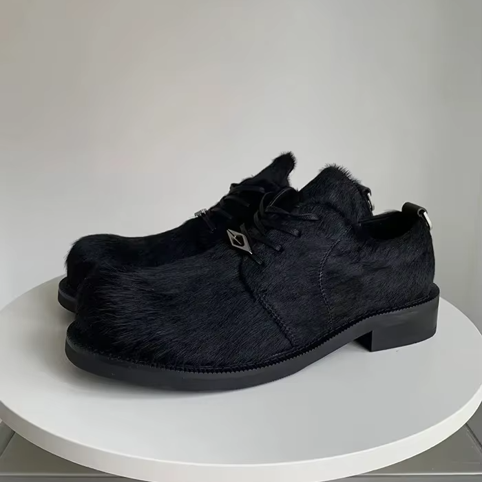 Black Leather Horsehair Derby Shoes