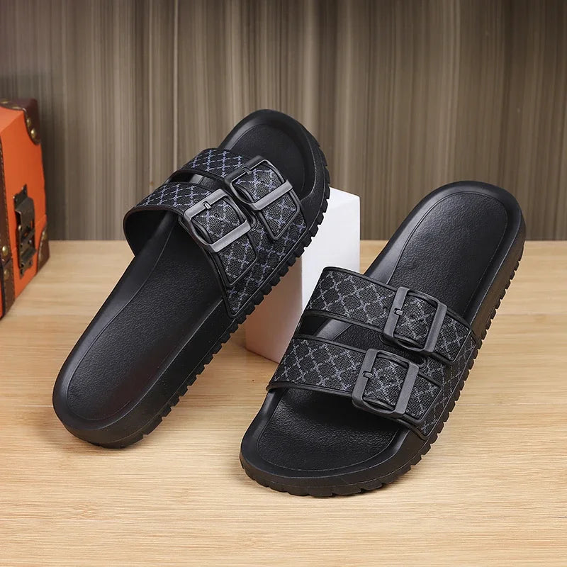 Double Buckle Geometric Slip-On Sandals