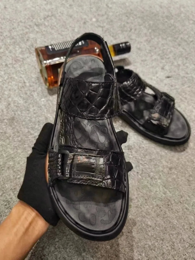 Black Crocodile Skin Leather Sandals