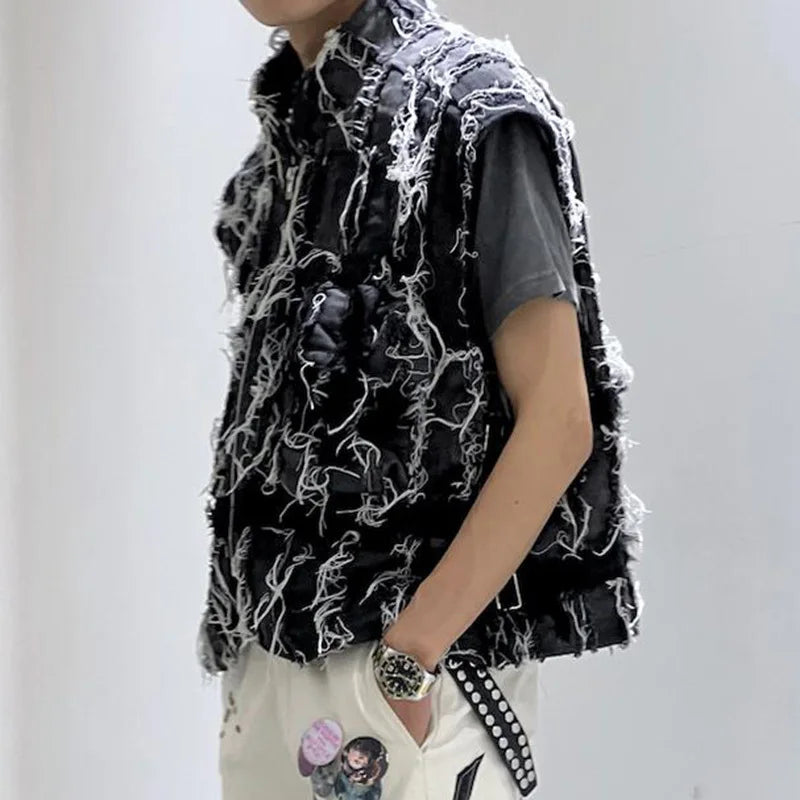 Ripped Denim Zipper Closure Vest