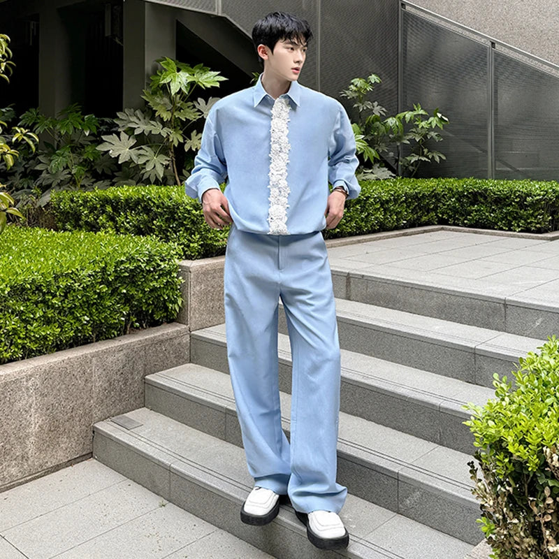 Lace Patchwork Sky Blue Color Pants Set