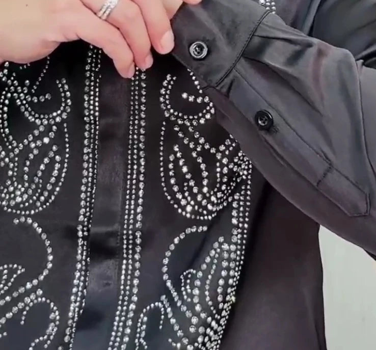 Long Sleeve Rhinestones Decor Style Shirt