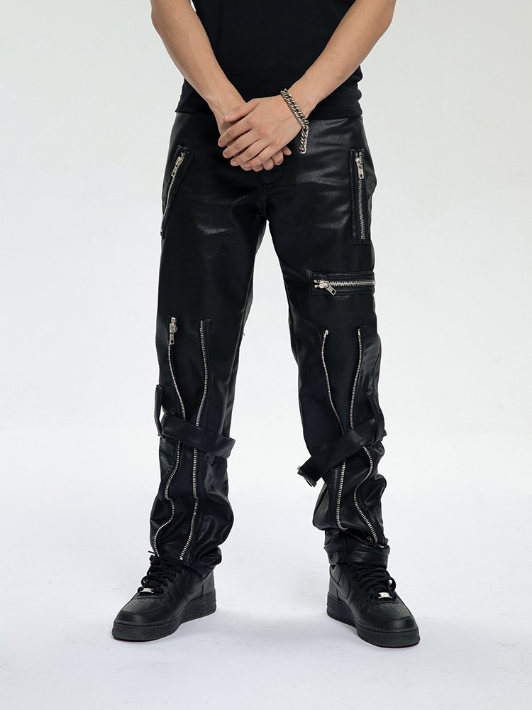 Multi-Zippers Belt Leather Pants