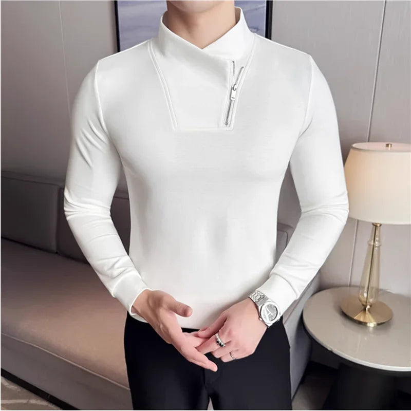 Long Sleeve Slim-Fit Half High Collar T-Shirt