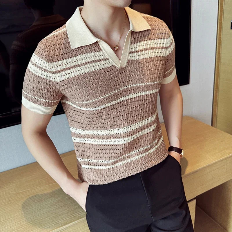 Stripe Knitted Hollow Men's Polo Shirt