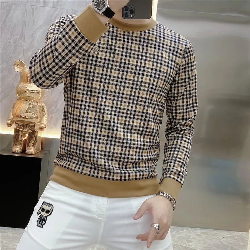 Slim-Fit Plaid Round Neck Casual Sweater