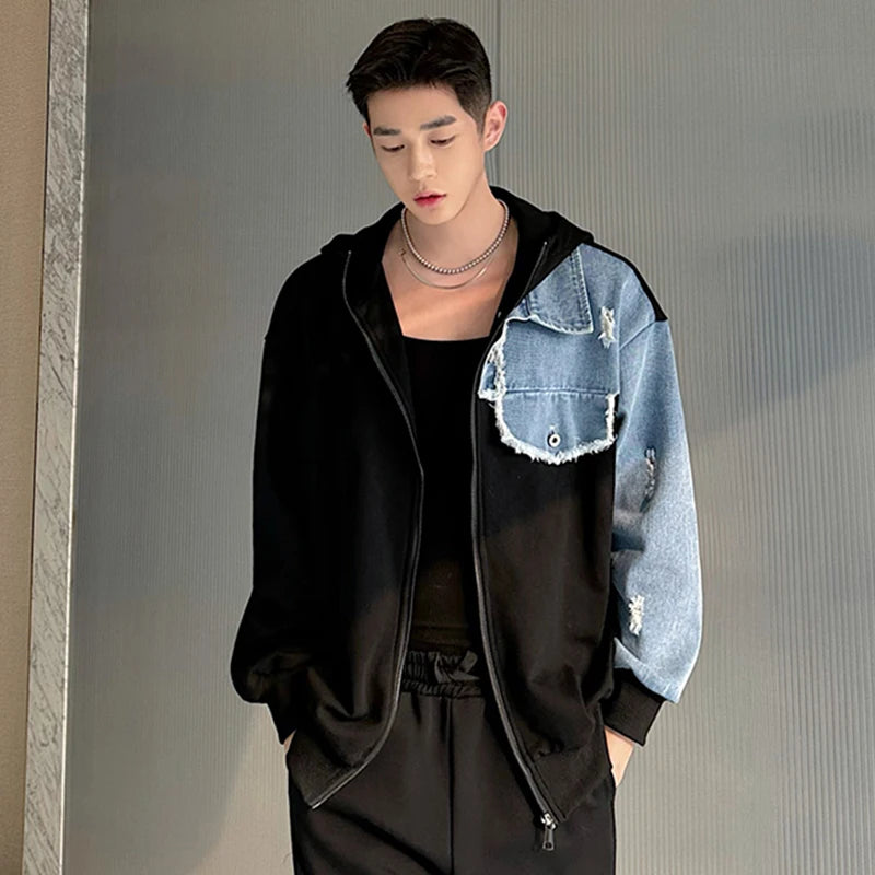Denim Patchwork Hooded Jacket