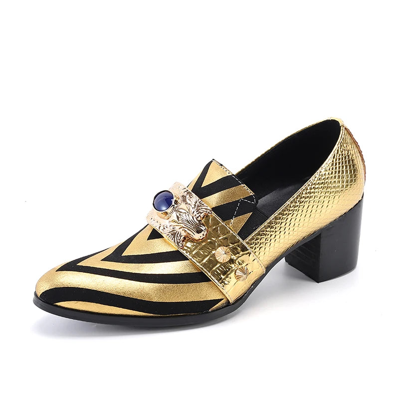 Luxurious Gold Leather with Rivets and Stripes Shoes