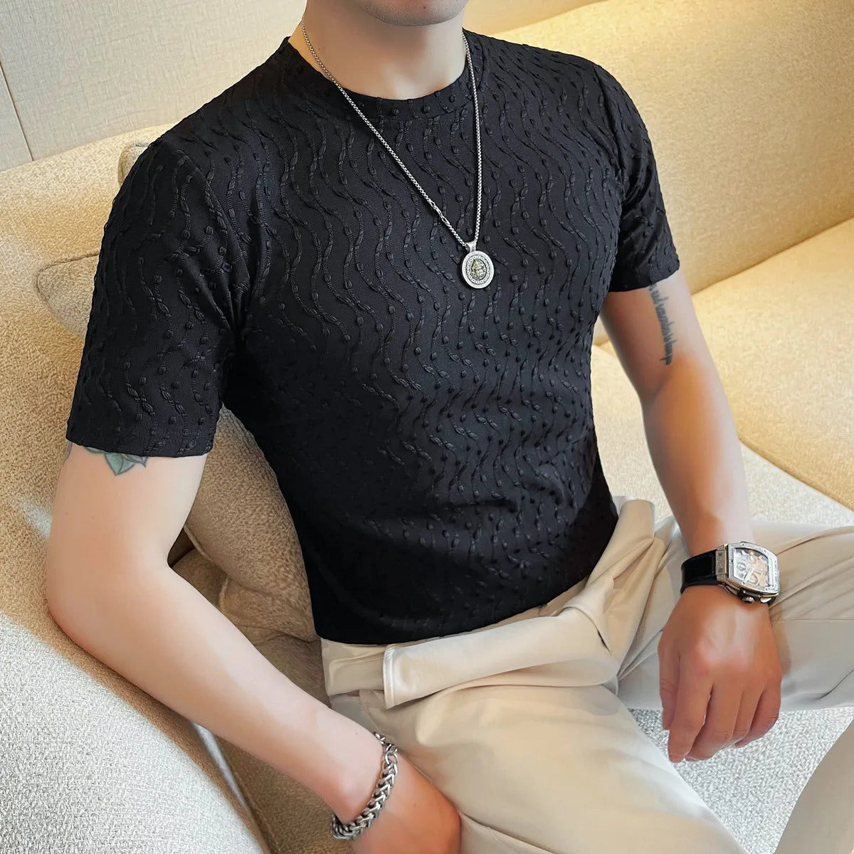 Slim-Fit Striped Ruffian Fashion T-Shirt