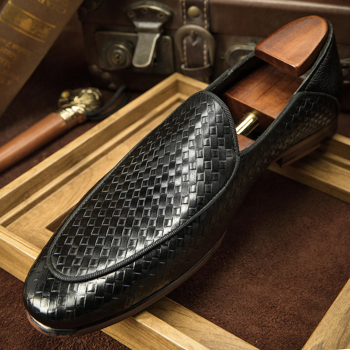 Black Woven Genuine Leather Loafers