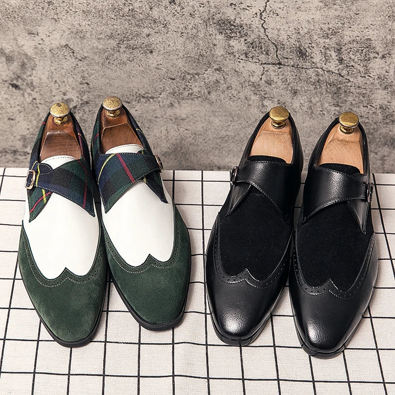 Plaid Suede Wingtip Monk Shoes