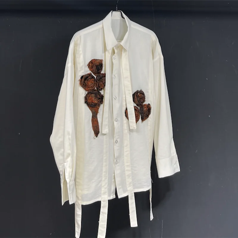 Loose Handmade Flower Linen Ribbon Shirt