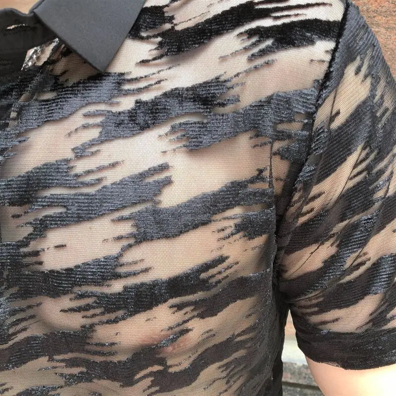 See Through Mesh Black Polo Shirt