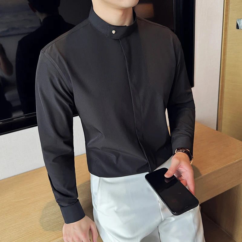 Stand Collar Covered Button Shirt