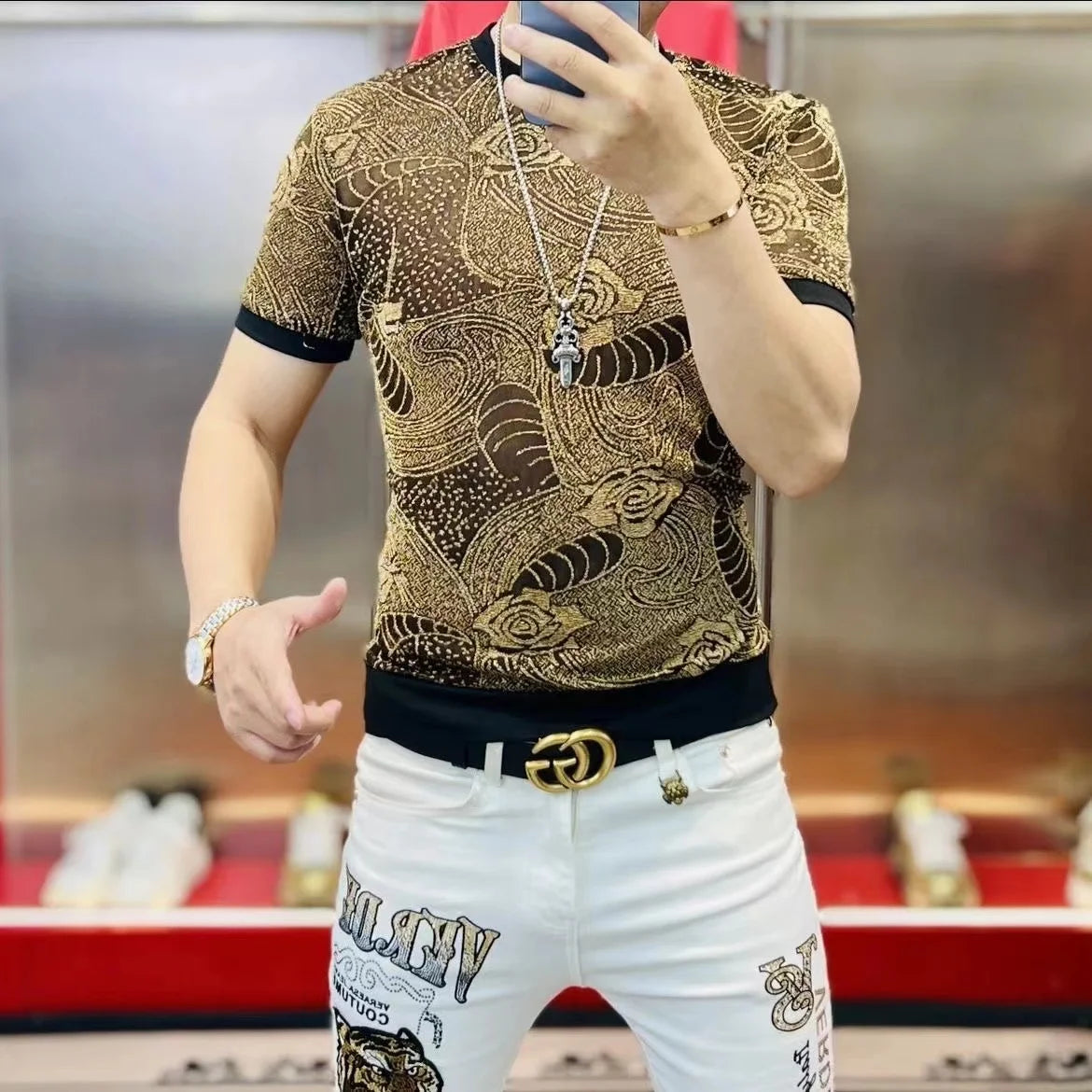Hollow Mesh Printed Casual T-Shirt