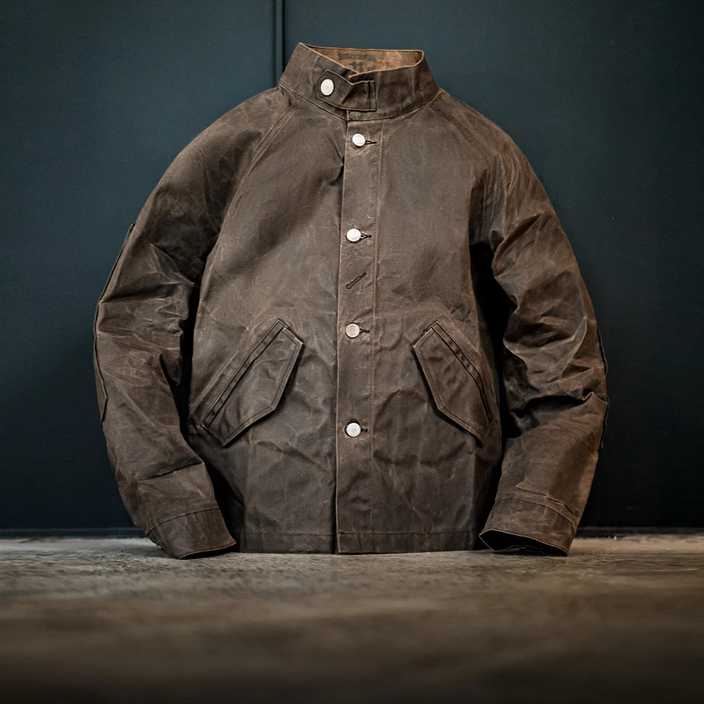 Retro Stand Collar Oil Waxed Jacket