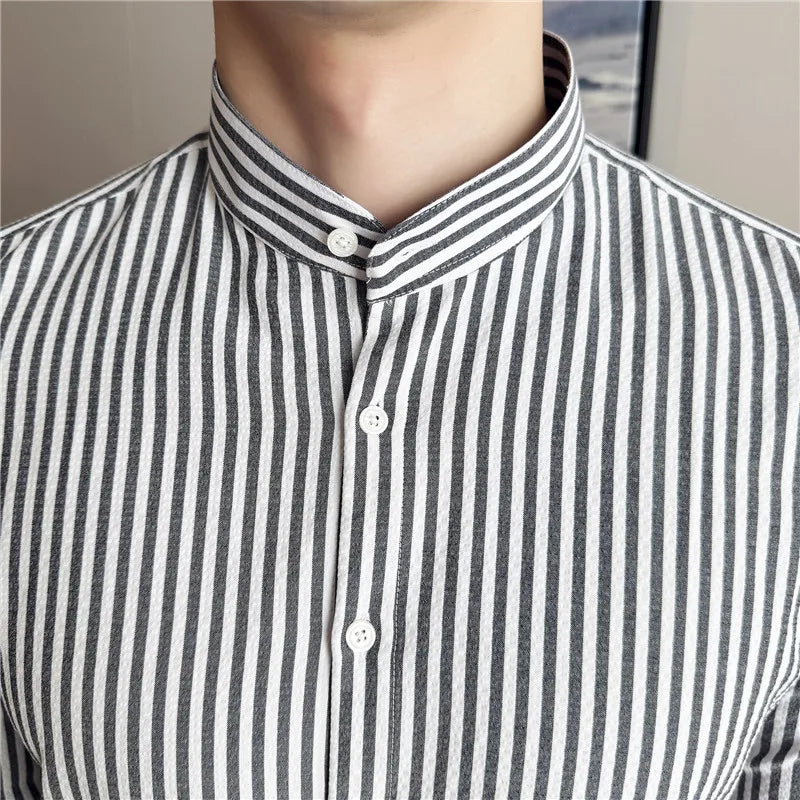 Vertical Striped Stand-up Collar Shirt