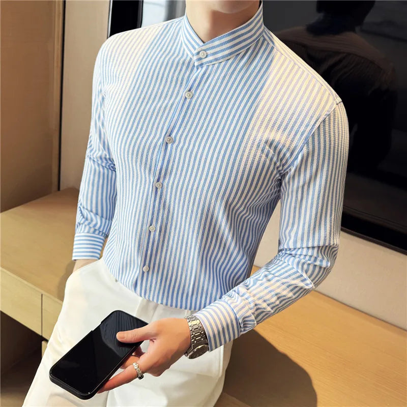 Vertical Striped Stand-up Collar Shirt