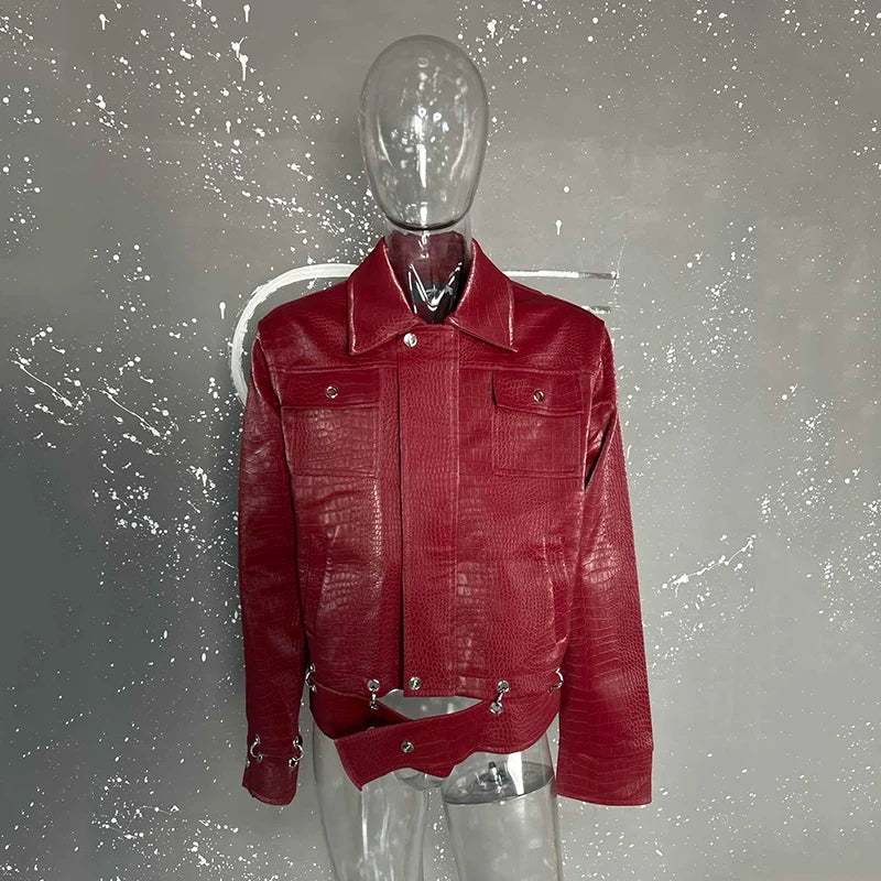 Metal Splicing Crocodile Leather Jacket