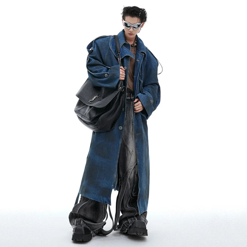 Long Denim Loose Design Solid Coat