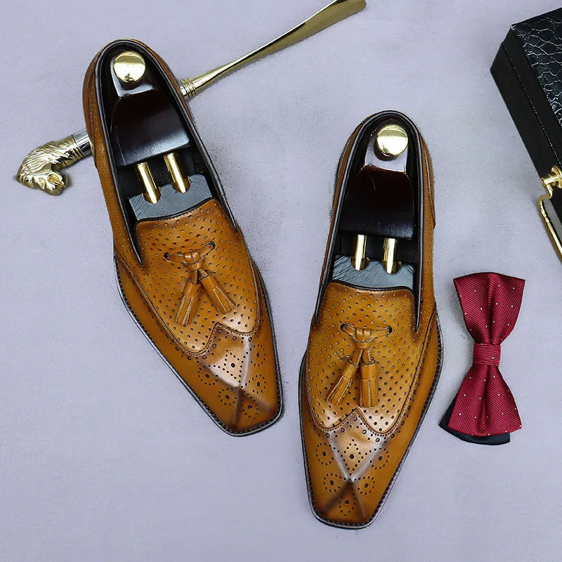 Tassel Hollow Dots Leather Wingtip Loafers