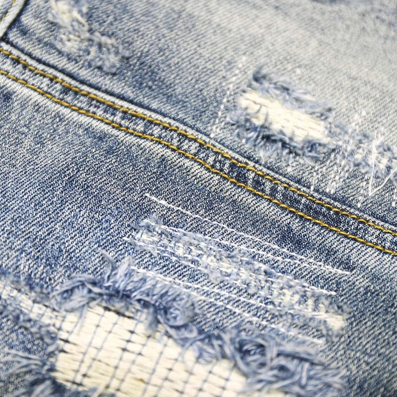 Ripped Patchwork Light Color Straight Jeans