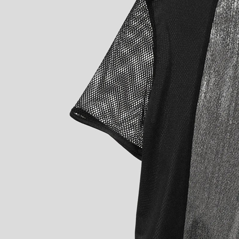 Shiny Mesh Patchwork See Through T-Shirt