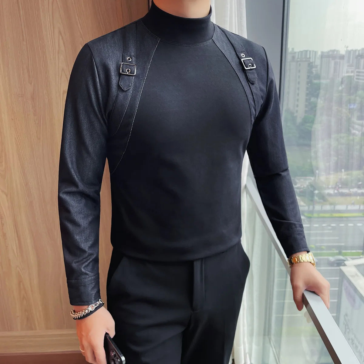 Strap Design Half High Collar T-Shirt
