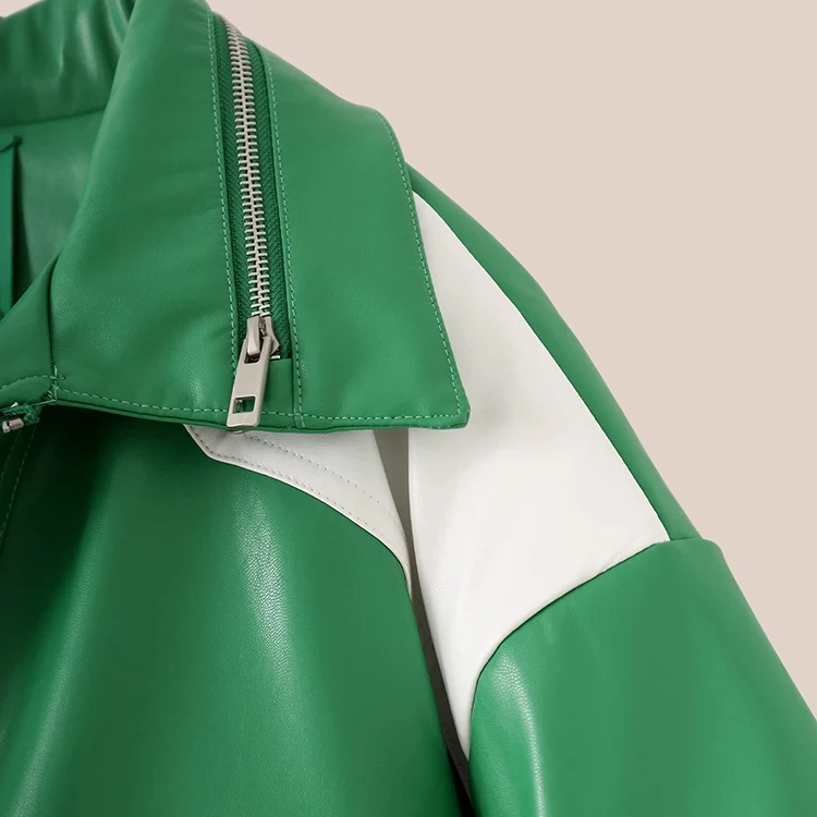 Green and White Pu Leather Jacket