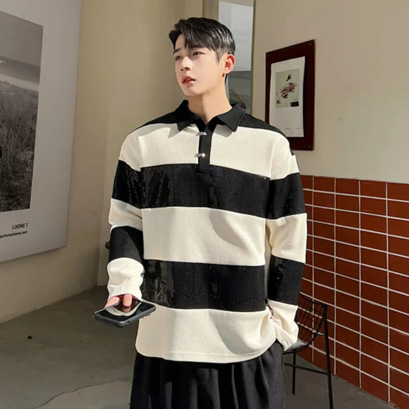 B&W Stripes Long Sleeve Polo Shirt