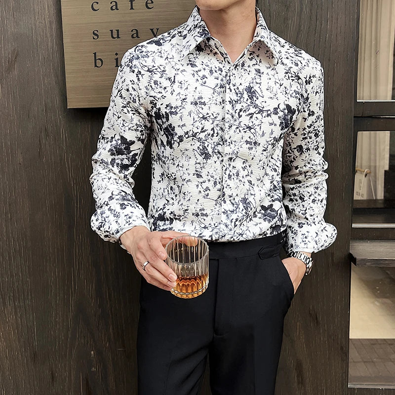 White Printed Long Sleeve Men Shirt
