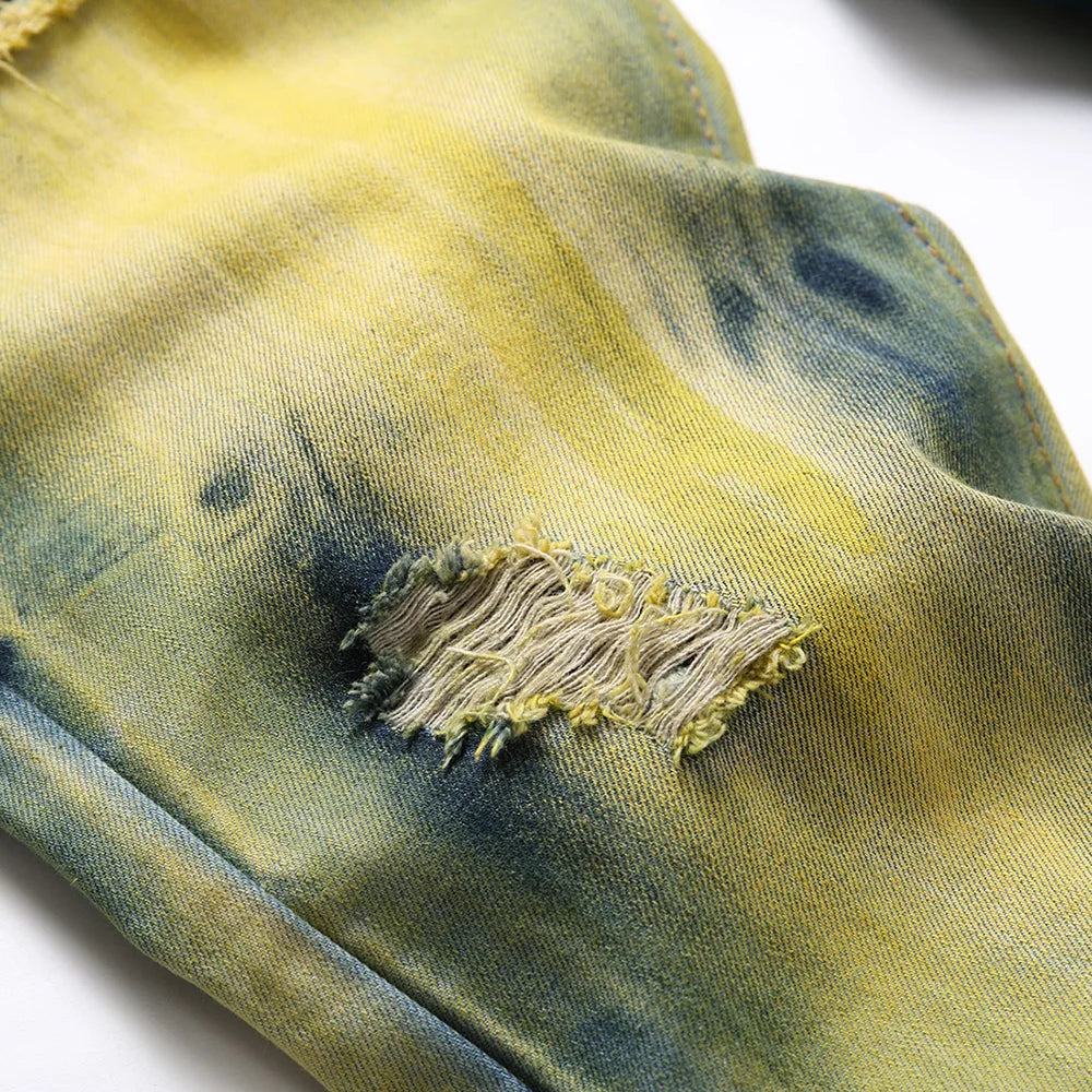 Vintage Tie Dyed Ripped Stretch Jeans
