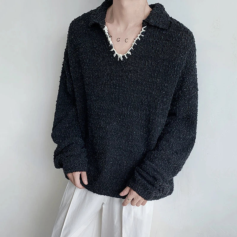 Contrast Color V-neck Patchwork Sweater