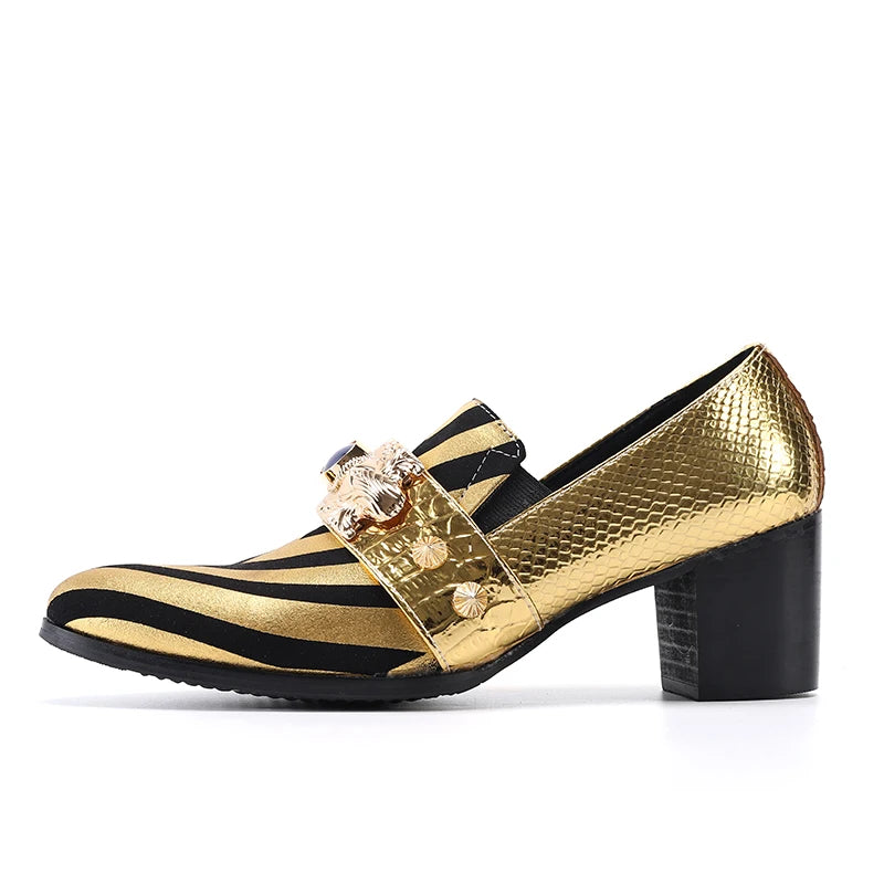 Luxurious Gold Leather with Rivets and Stripes Shoes