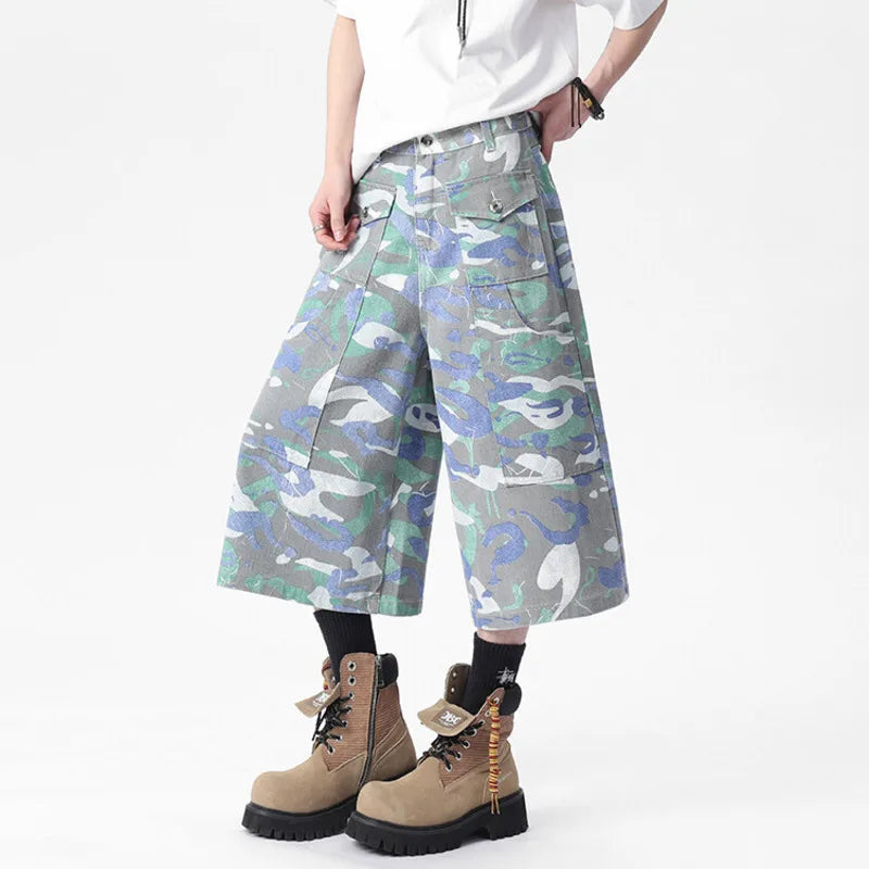 Casual Camouflage Multi-Pocket Denim Capri