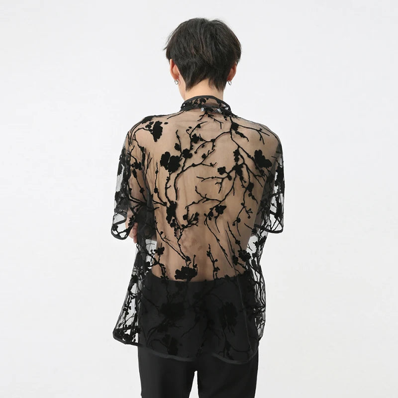 See Through Embroidery Black Shirt