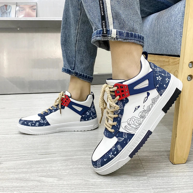 Geometric-Printed PU Leather Sneakers