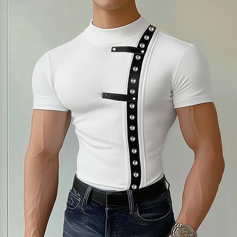 Spliced Metal Leather Buckle T-Shirt
