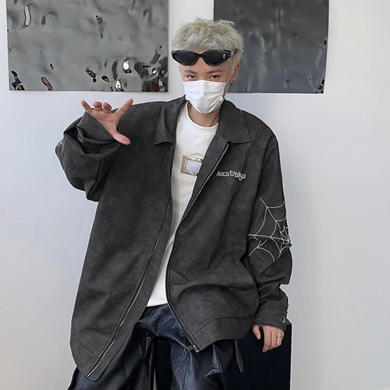 Spiderweb Embroidery Sleeve PU Leather Jacket