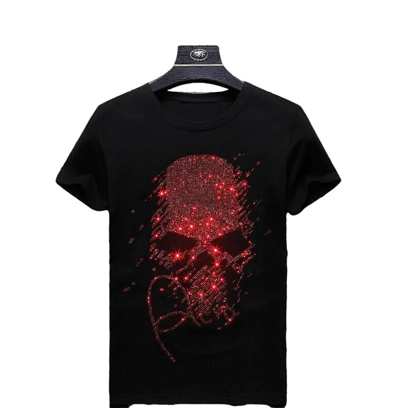 Red Rhinestones Cotton Skull T-Shirt